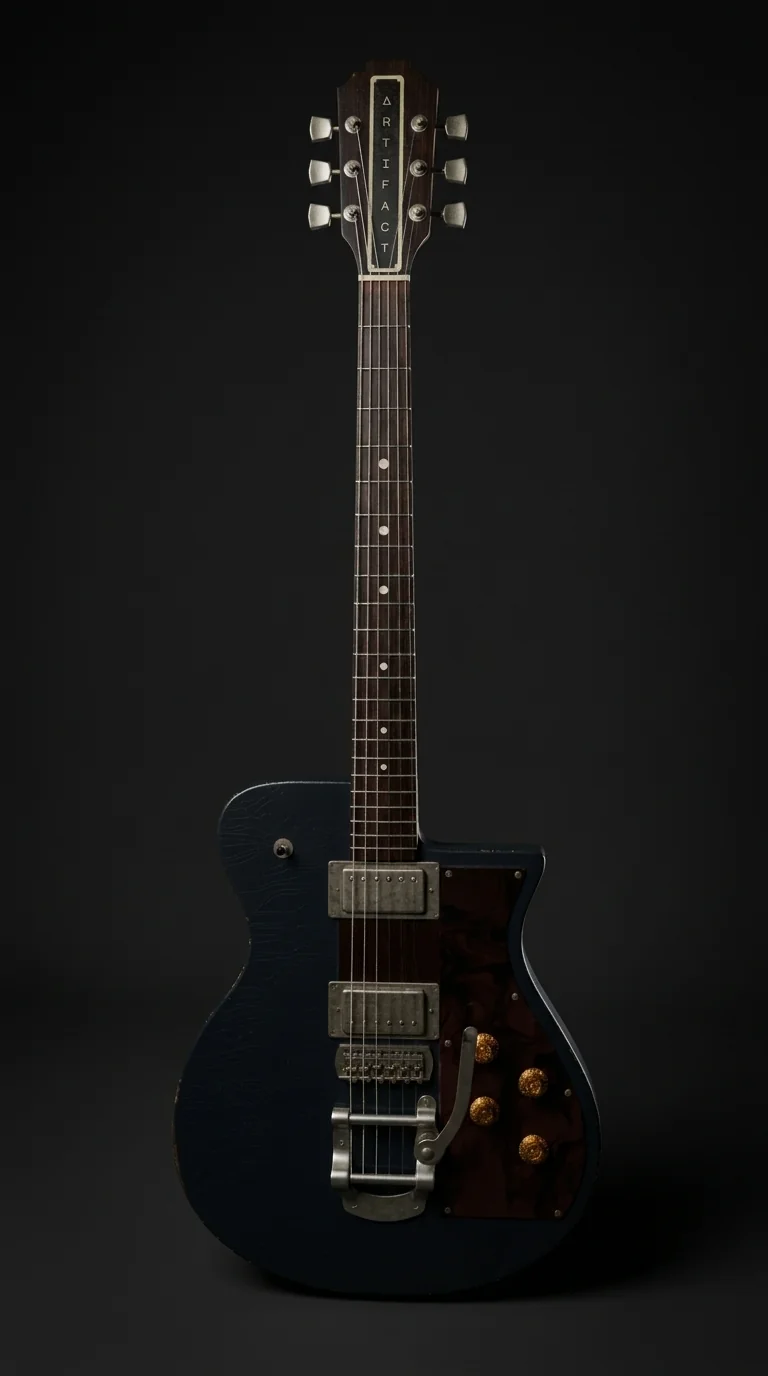 Artifact guitar with a dark finish and vibrato tailpiece