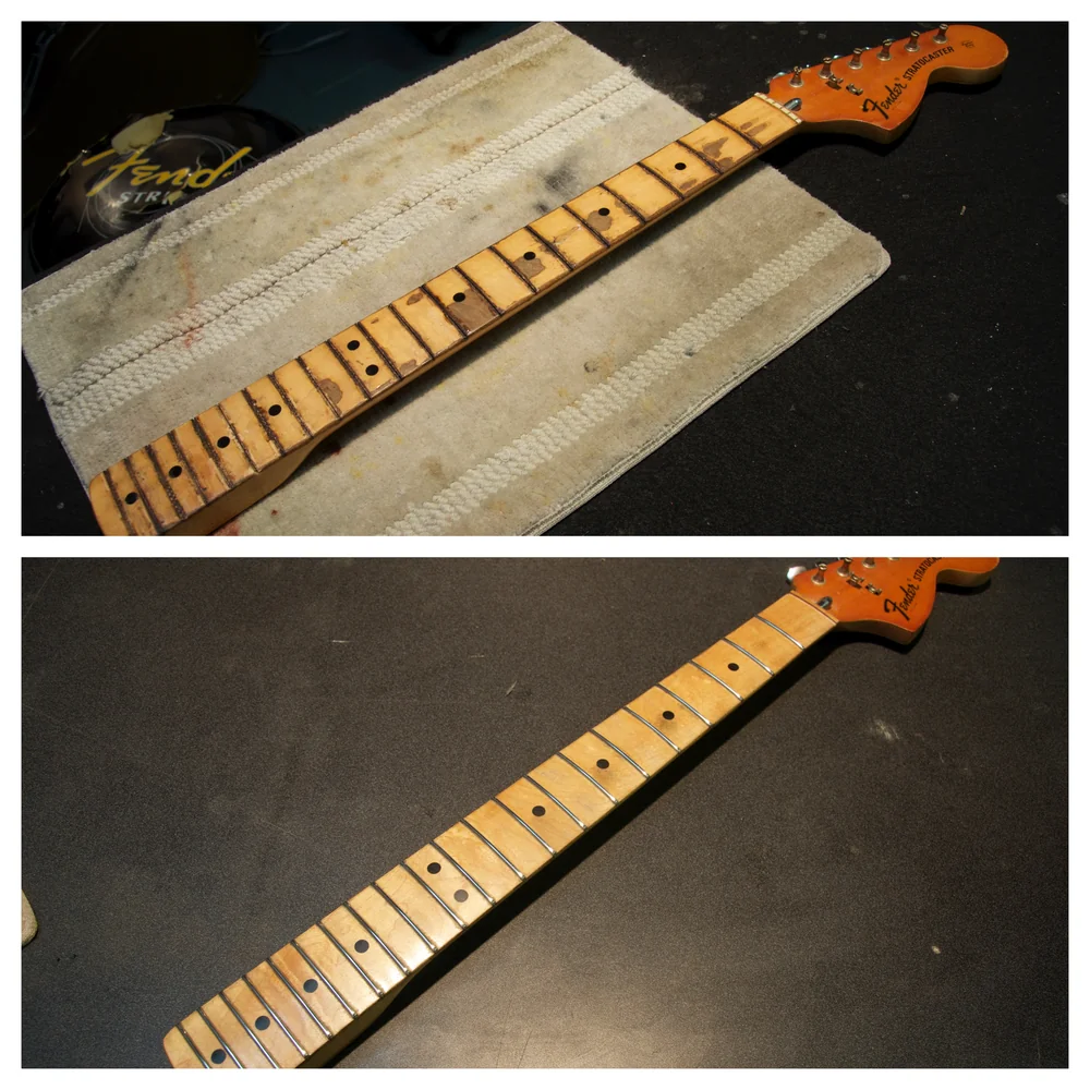 1974 Stratocaster neck before and after refretting